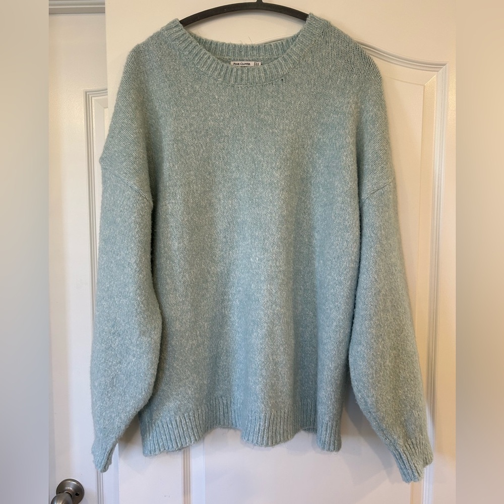 NWOT Pink Clover Fuzzy Knit XXL Teal Blue Oversized Crewneck Sweater